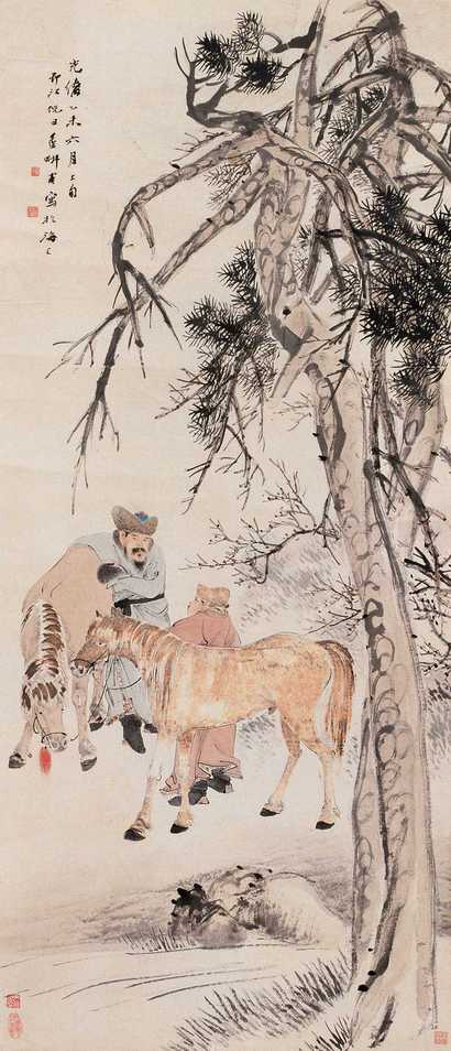 倪田 1895年作 松荫牧马图 立轴